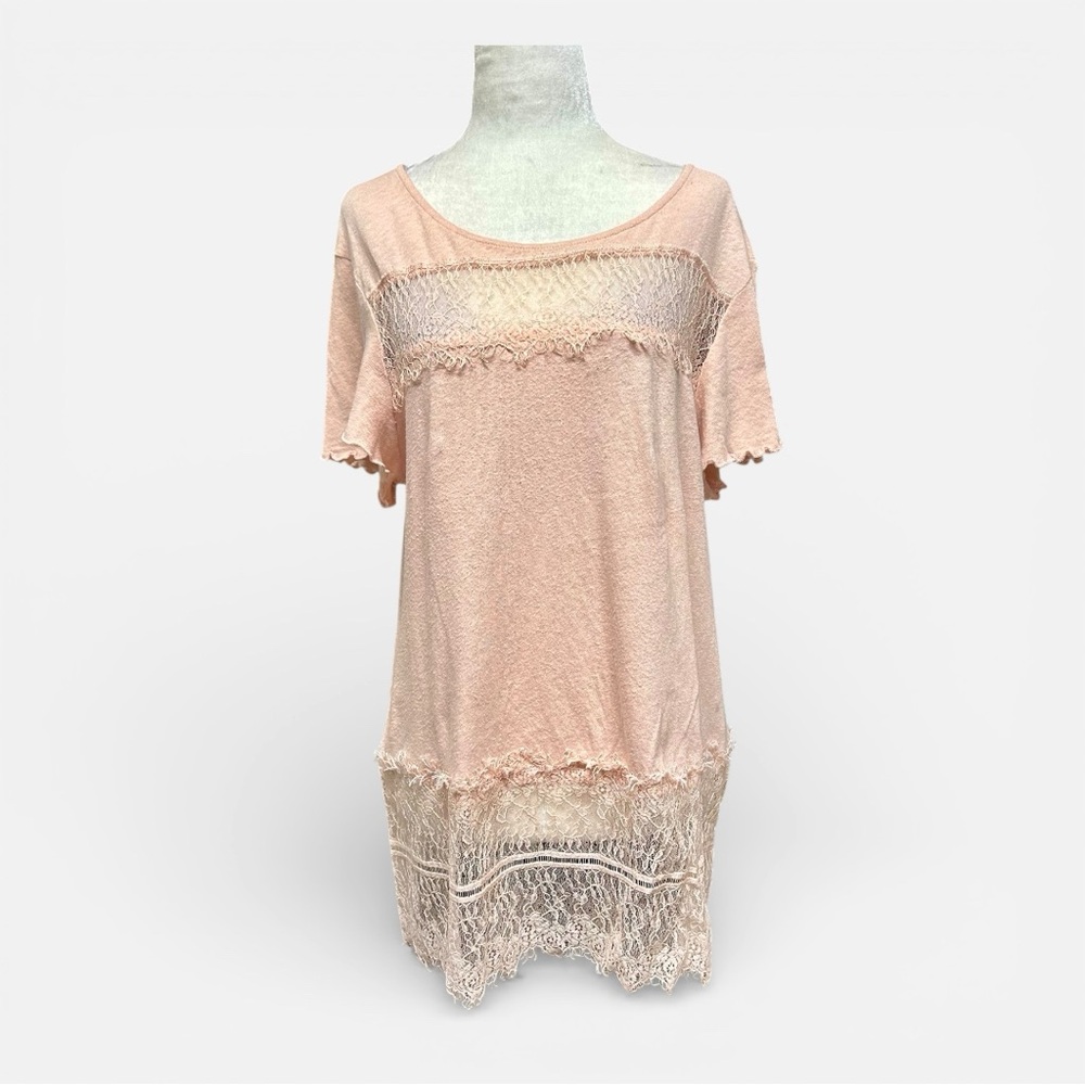 Deletta Blush Lace Detail Short Sleeve Linen Cotton Top L
